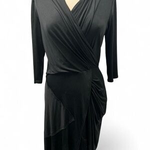 Catherine Malandrino Black Ruched Sheath Dress V-Neck 3/4 Sleeve